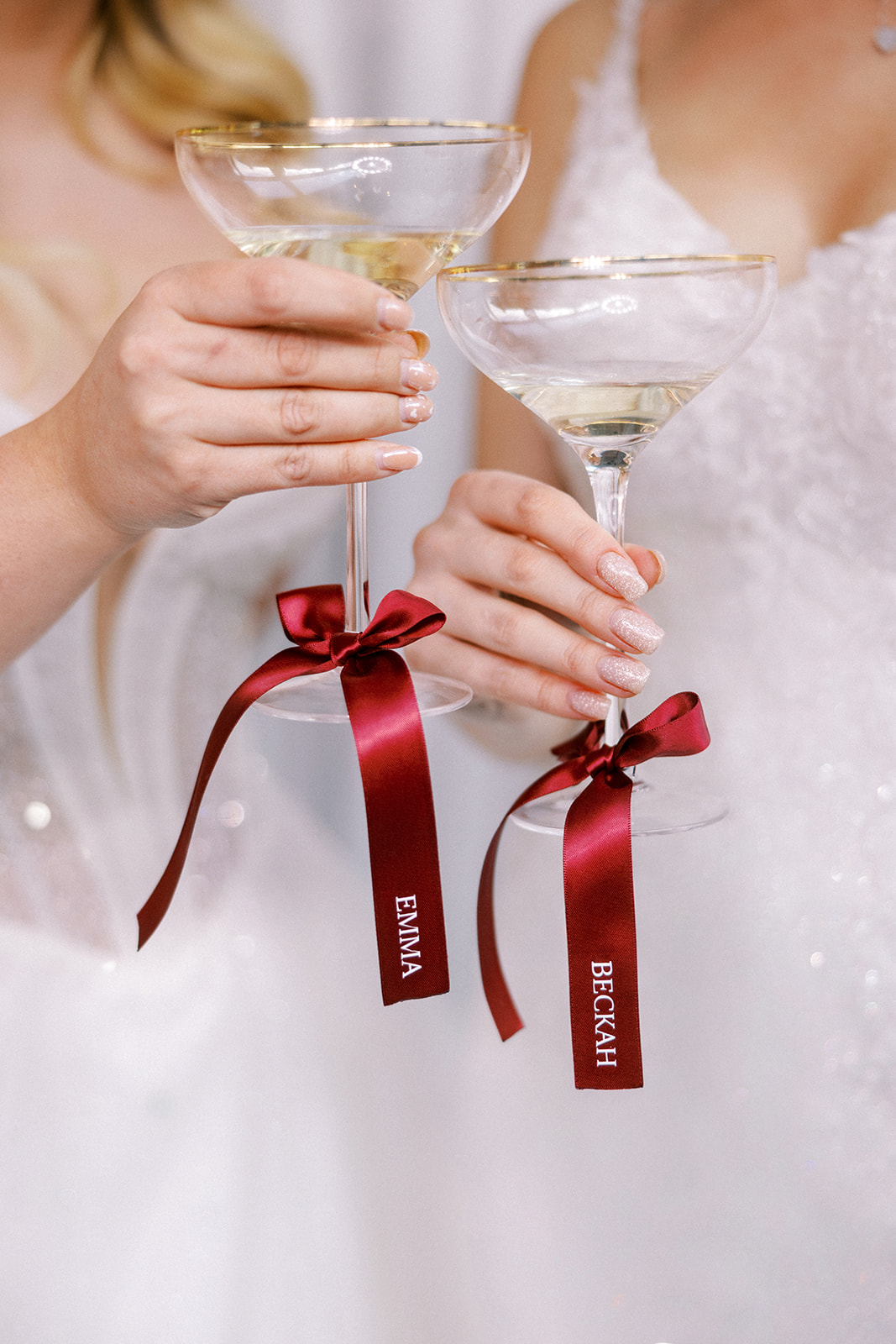 Personalized DIY ribbon details for champagne glasses made with a Cricut machine