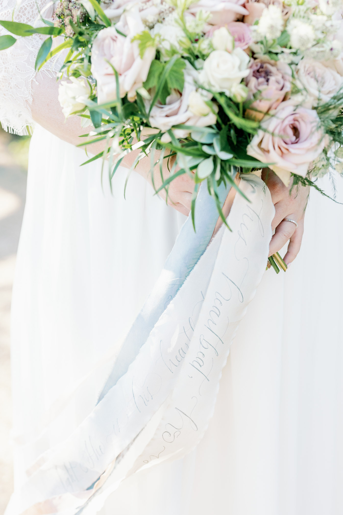Hand calligraphy wedding bouquet ribbons
