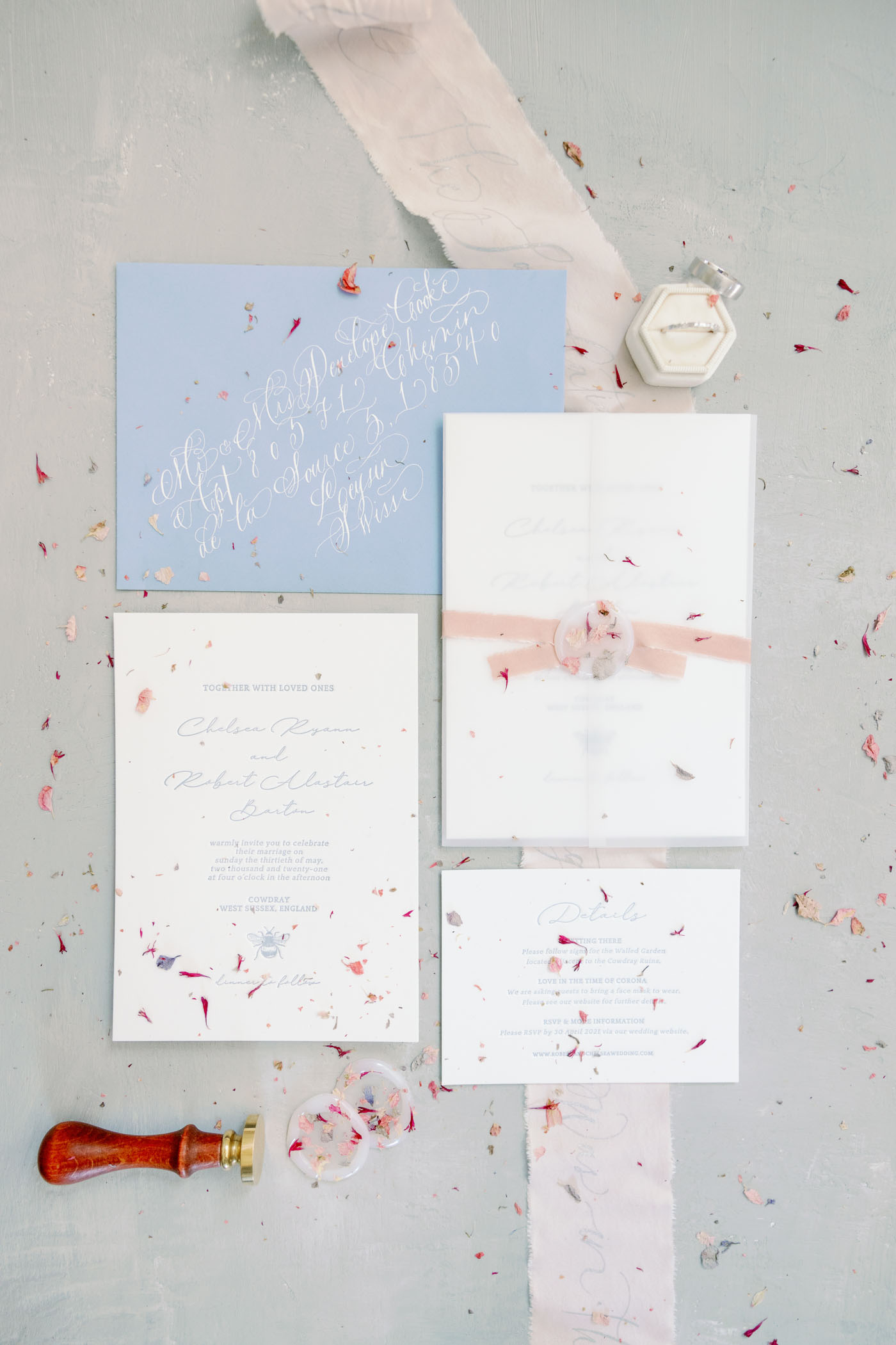 Pink and dusty blue wedding letterpress invitation suite
