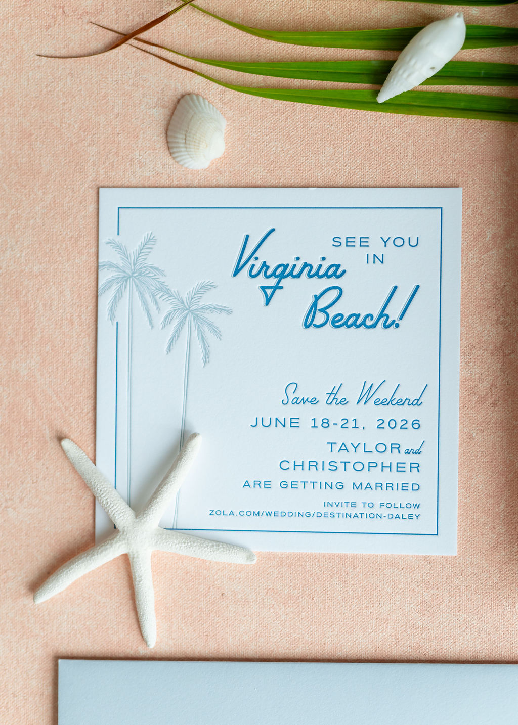 Light blue Save the Date letterpress wedding weekend card with palm tree illustrations