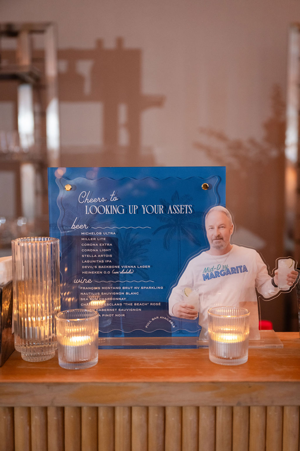 Custom wedding bar sign with wavy edges and personal family message by Swell Press