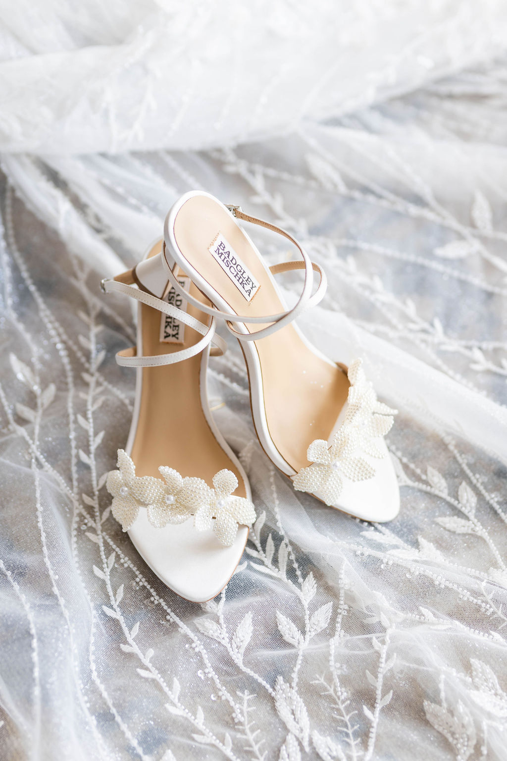 Pearl beaded floral bridal shoes by Badgley Mischka