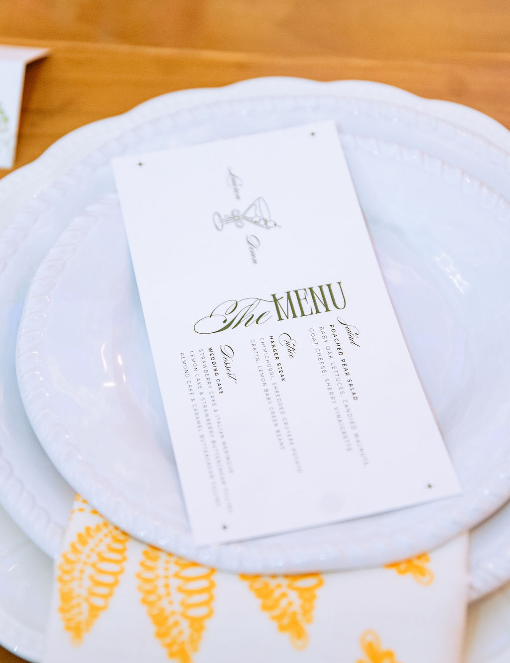 Classic modern wedding menu card with martini illustration