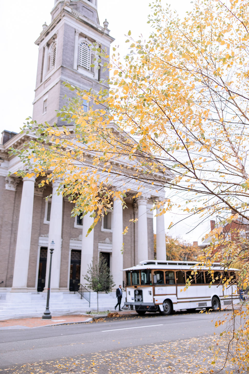 Traditional church wedding ceremony with local trolley for transportation in Richmond Virginia