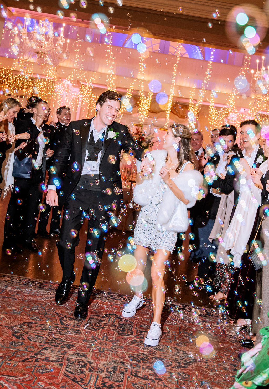 Grand bubble exit for bride and groom at Country Club of Virginia