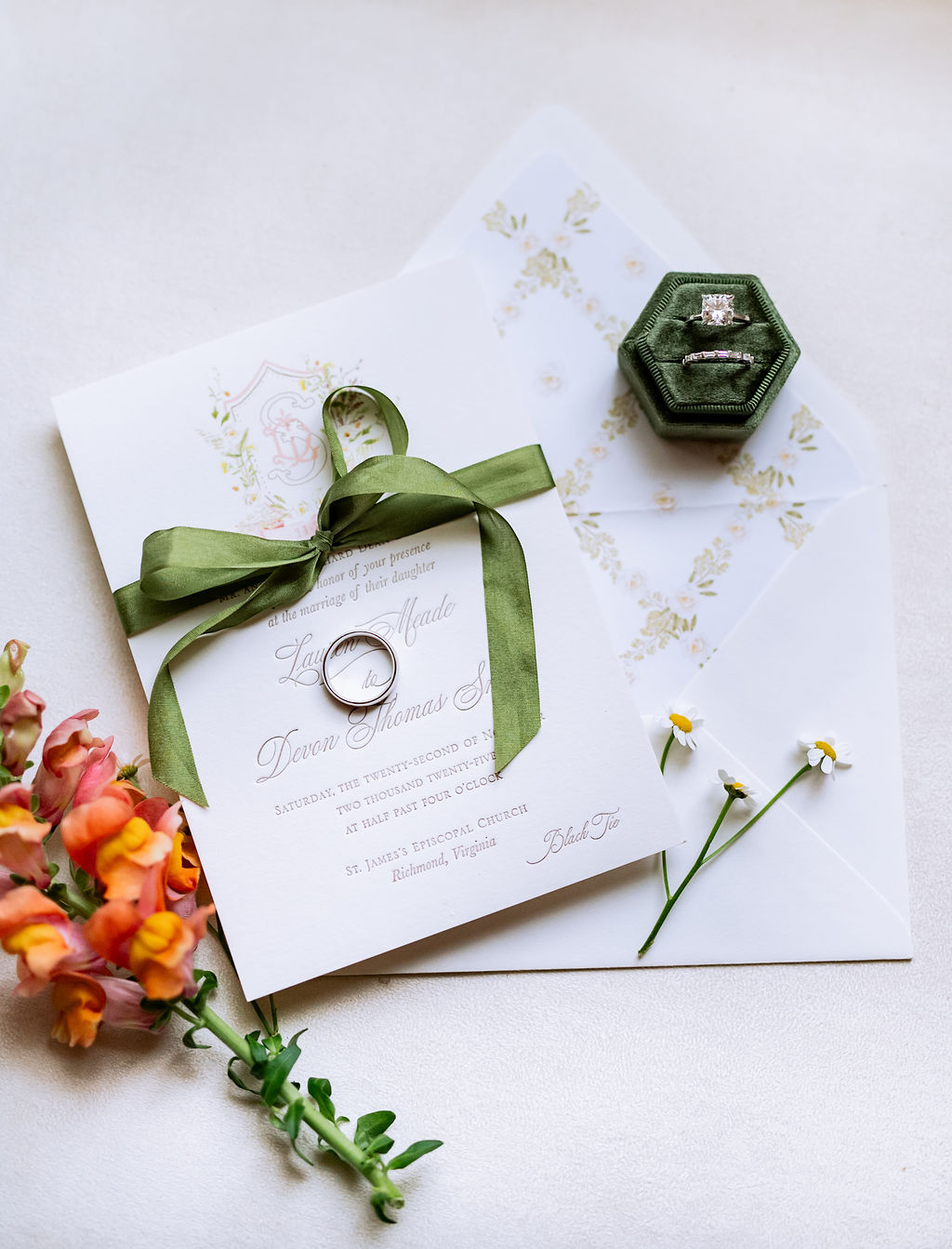 Playful green watercolor black tie wedding invitation