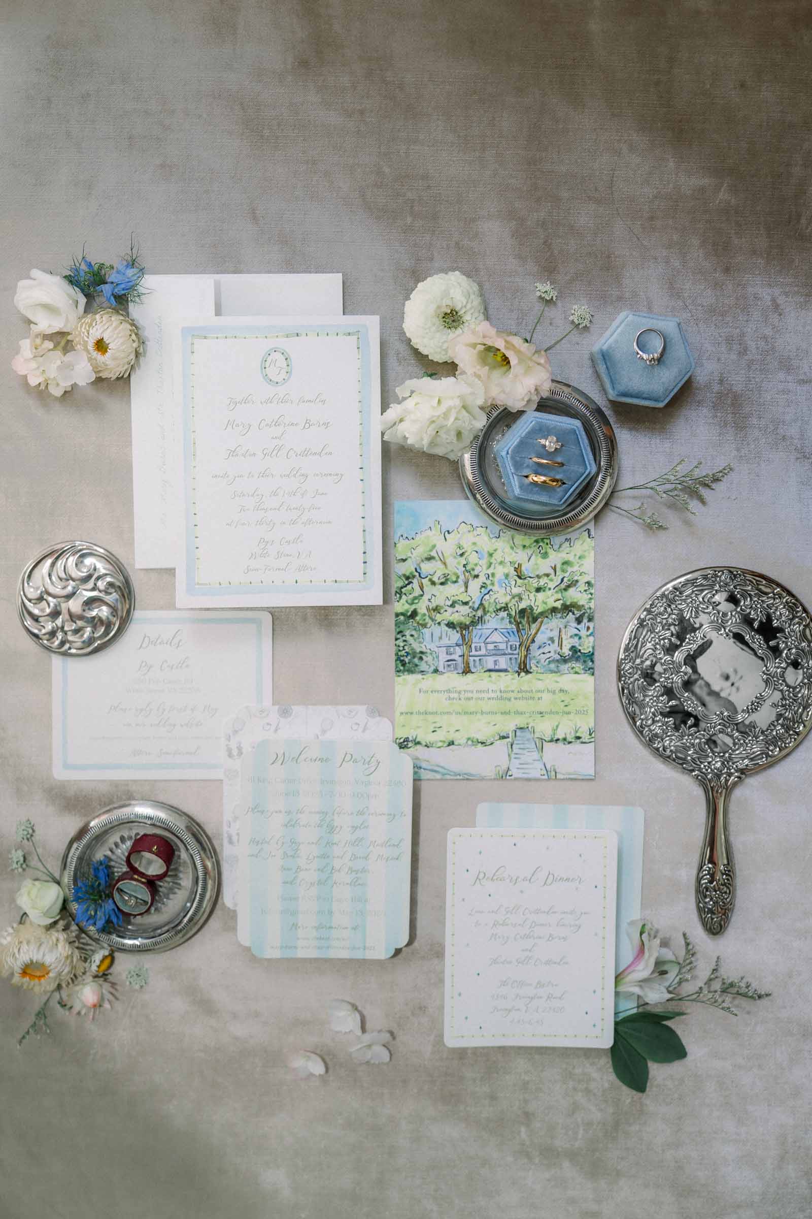 Blue and green handpainted wedding invitation suite with stripes