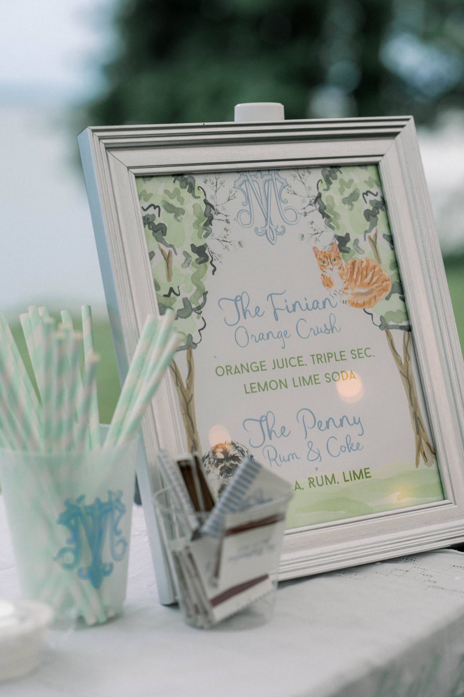 Watercolor wedding signature cocktail sign with cat and dog themed drinks