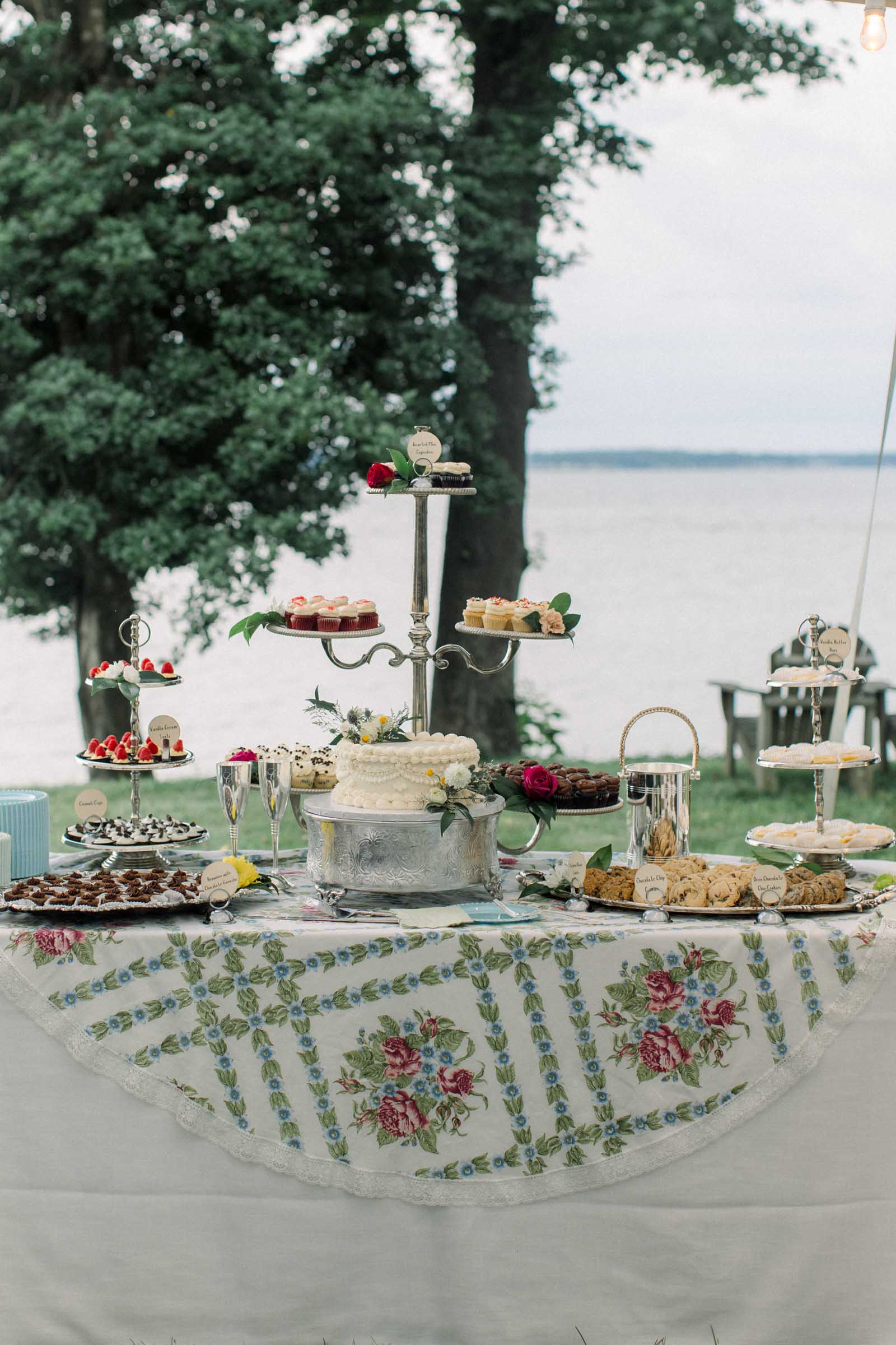 Vintage decorated cake and dessert table with simple piped single tier cake