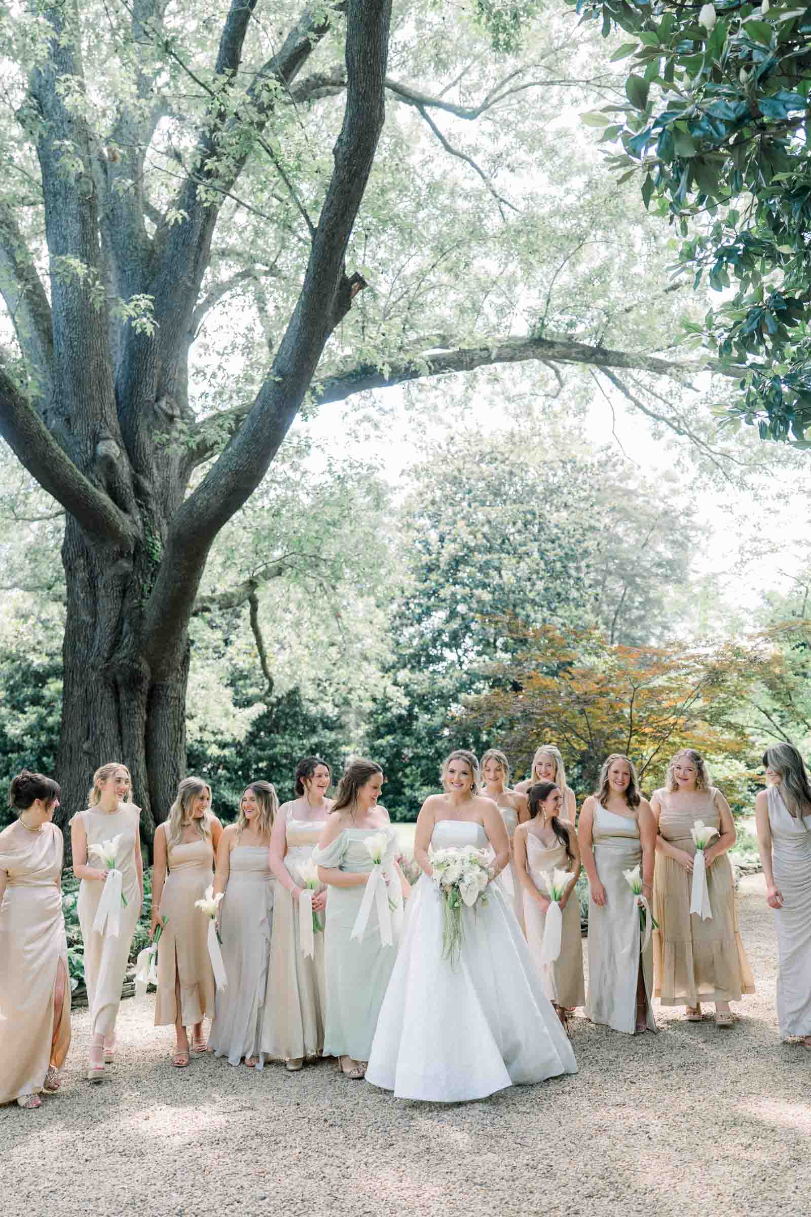 White, neutral, and beige bridesmaid dresses for vintage inspired wedding theme
